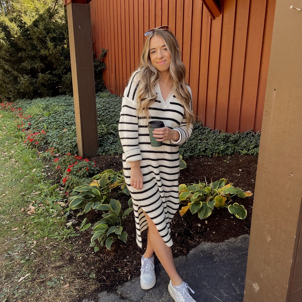 Striped V-Neck Knit Sweater Dress in Cream and Black- IDEAL FOR FALL!!